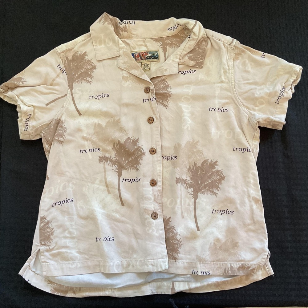 Vintage La Cabaña Shirt Womens Petite Large Palm Tree Tropics Rayon Short Sleeve